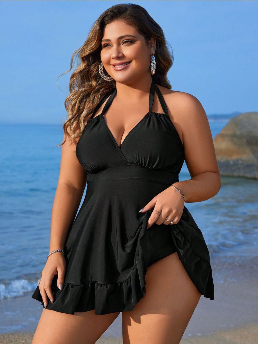 SHEIN Swim Vcay Plus Size Women's Halterneck & Shoulder Straps Bikini Top With Vest Style