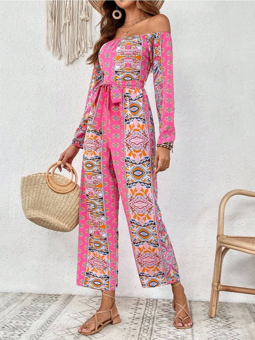 SHEIN VCAY Floral Print Off Shoulder Belted Jumpsuit