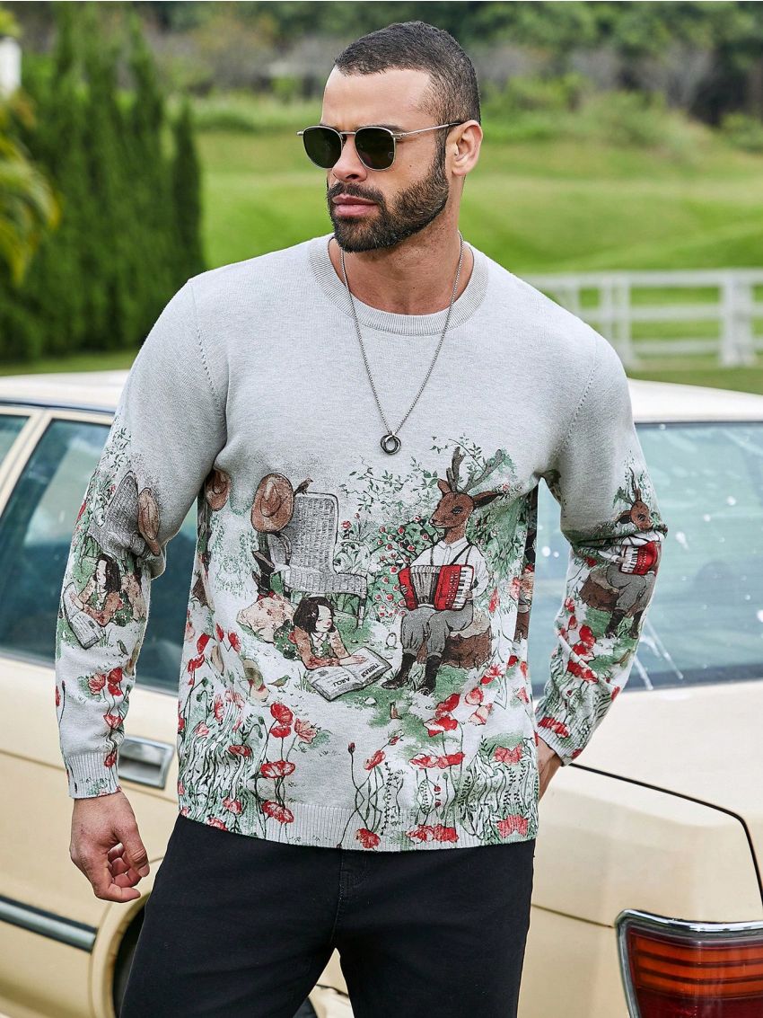 Extended Sizes Men'S Plus Size Sweater With Cartoon Pattern