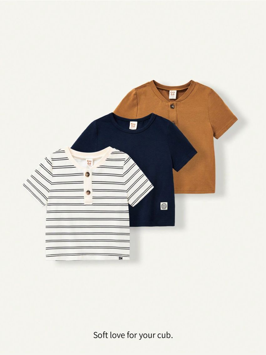 Cozy Cub 3pcs Baby Boy Striped Design & Solid Color Round Neck Short Sleeve Top Set