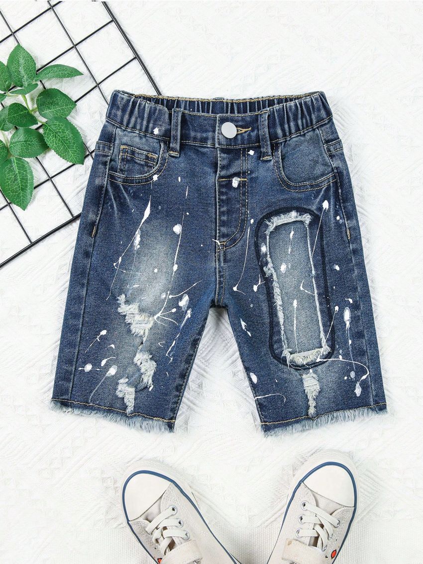 Toddler Boys' Sand Blasting + Printing And Dyeing + Distressed + Embroidered Denim Shorts