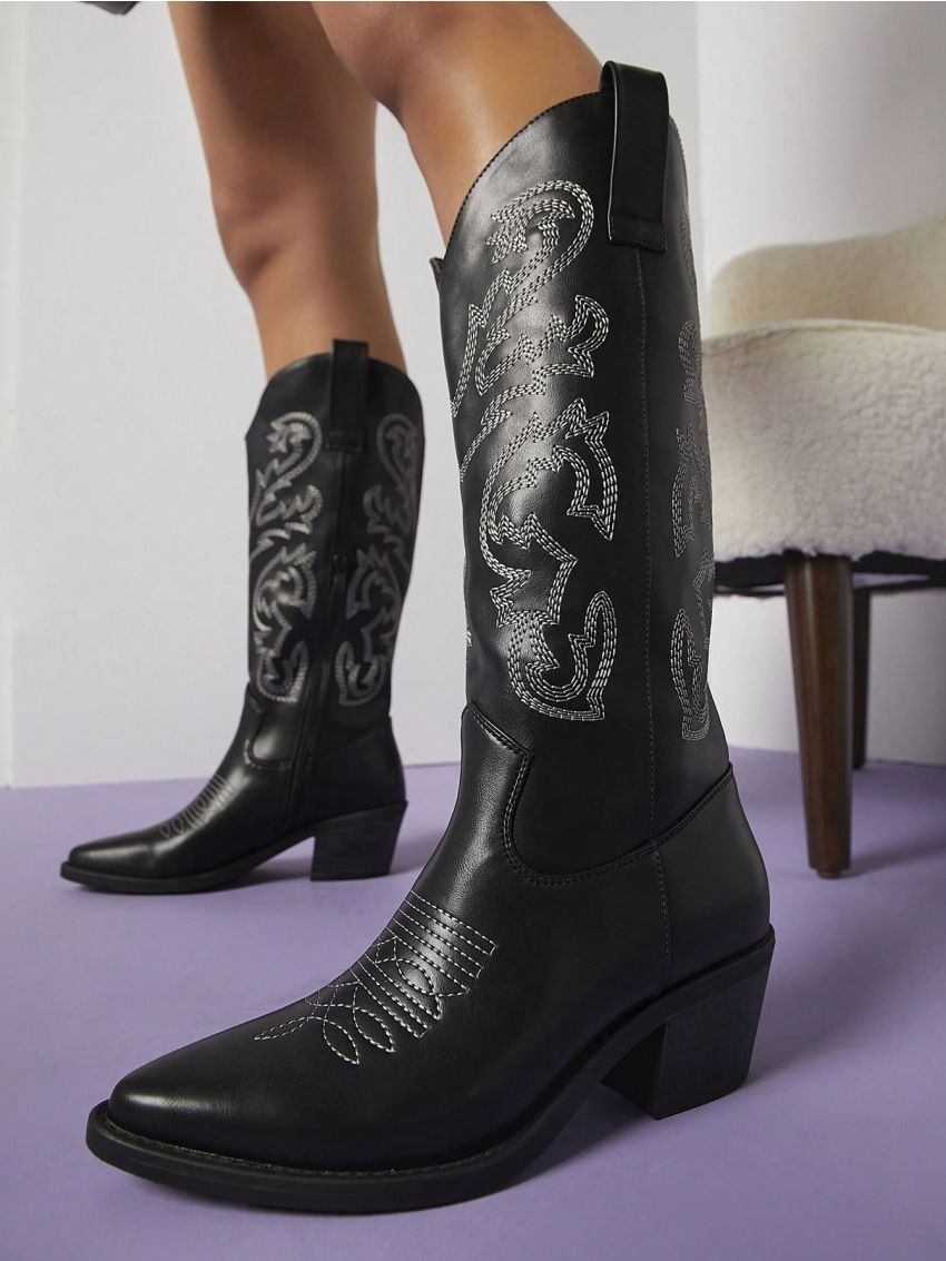Embroidery Detail Chunky Heeled Boots