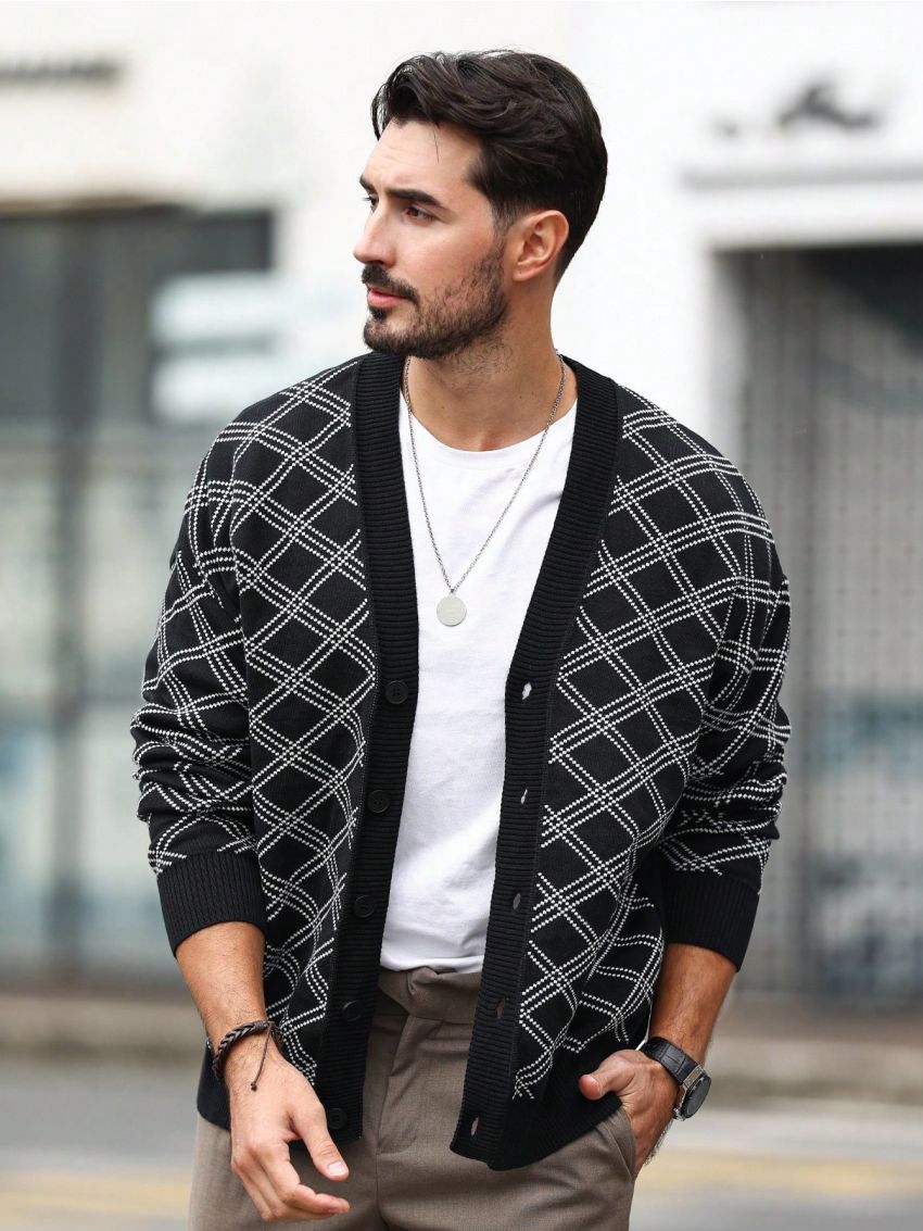 Men's Long Sleeve Button-front Plaid Cardigan Sweater