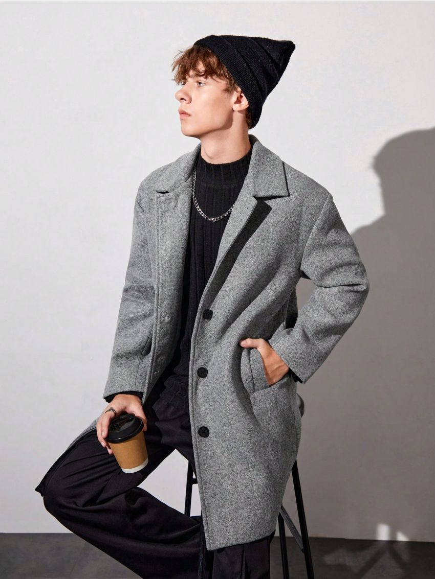 Teen Boys Slant Pockets Button Front Overcoat