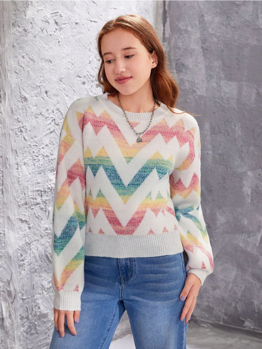 Teen Girls' Color Block Herringbone Pattern Sweater