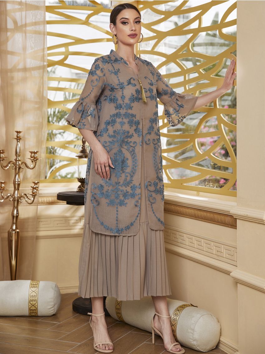 Floral Embroidery Split Tunic With Pleated Hem Dress