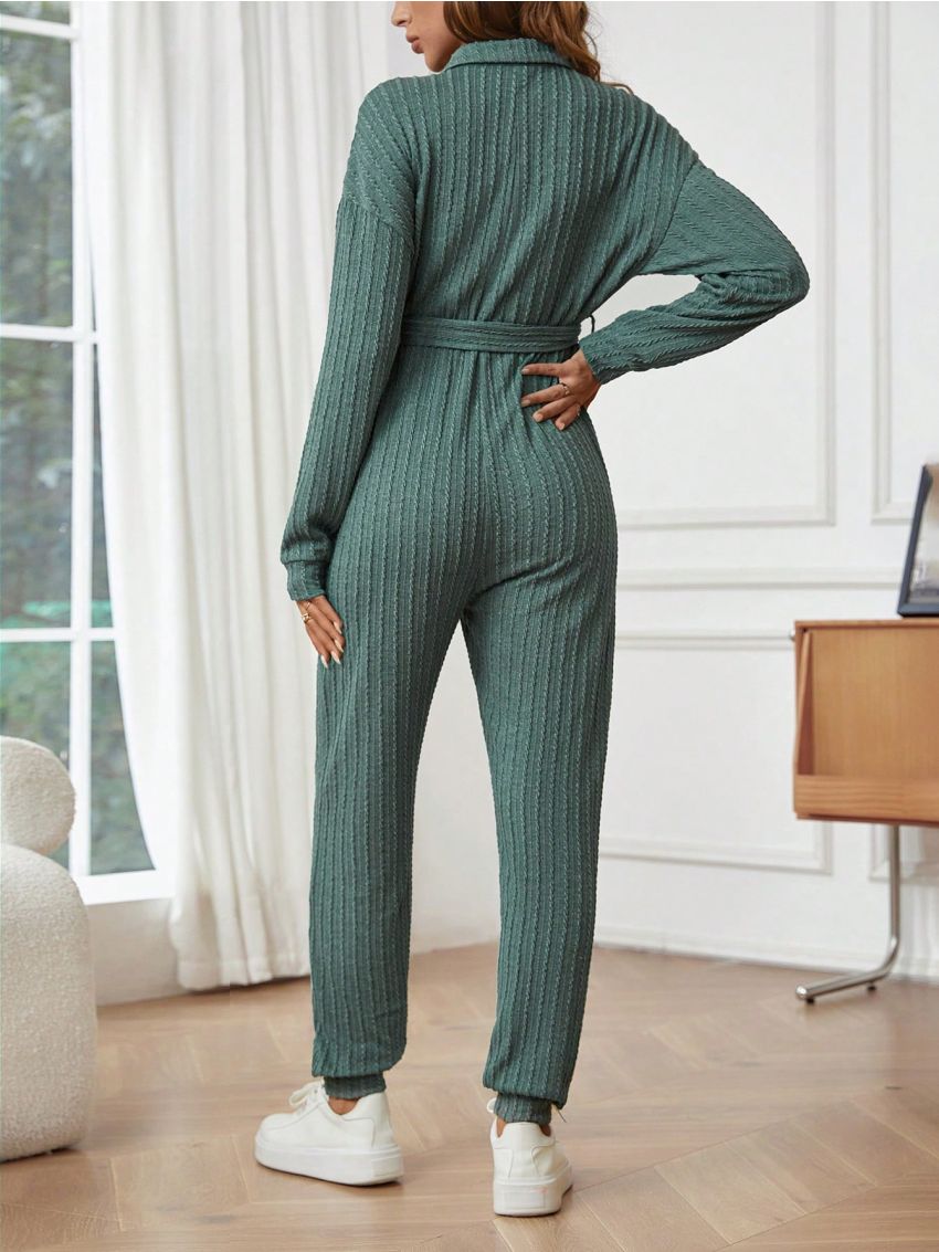 SHEIN Maternity Tie Collar Belted Jumpsuit