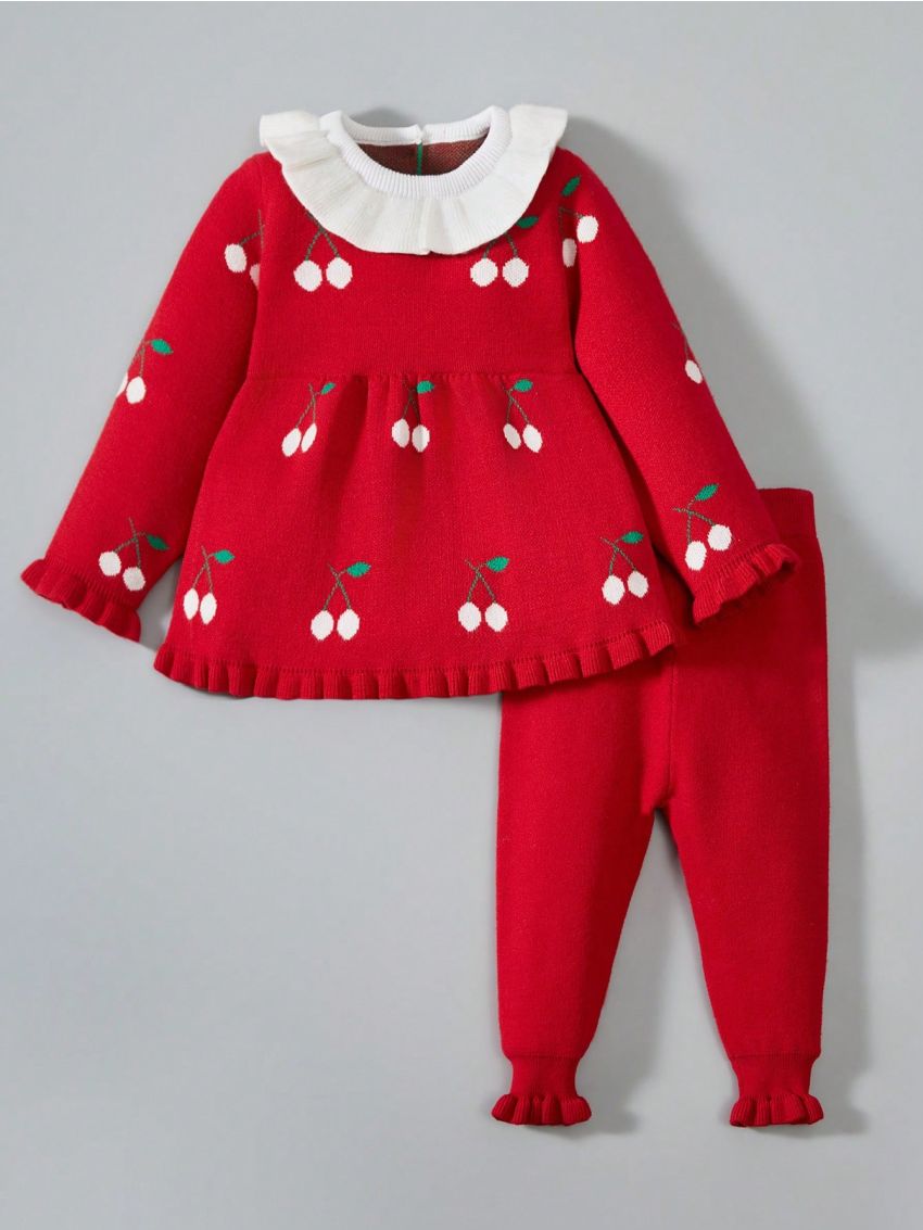 Infant Girls' Cherry Pattern Knitted Sweater And Pants Set With Ruffled Hem