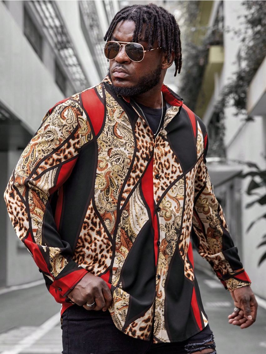 Manfinity LEGND Men'S Plus Size Paisley And Leopard Pattern Long Sleeve Shirt