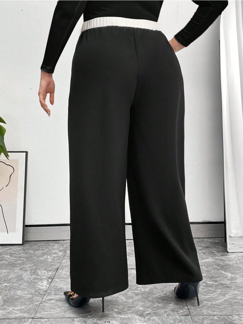 SHEIN Privé Plus Size Women'S Loose Fit Color Block Pants With Elastic Waist