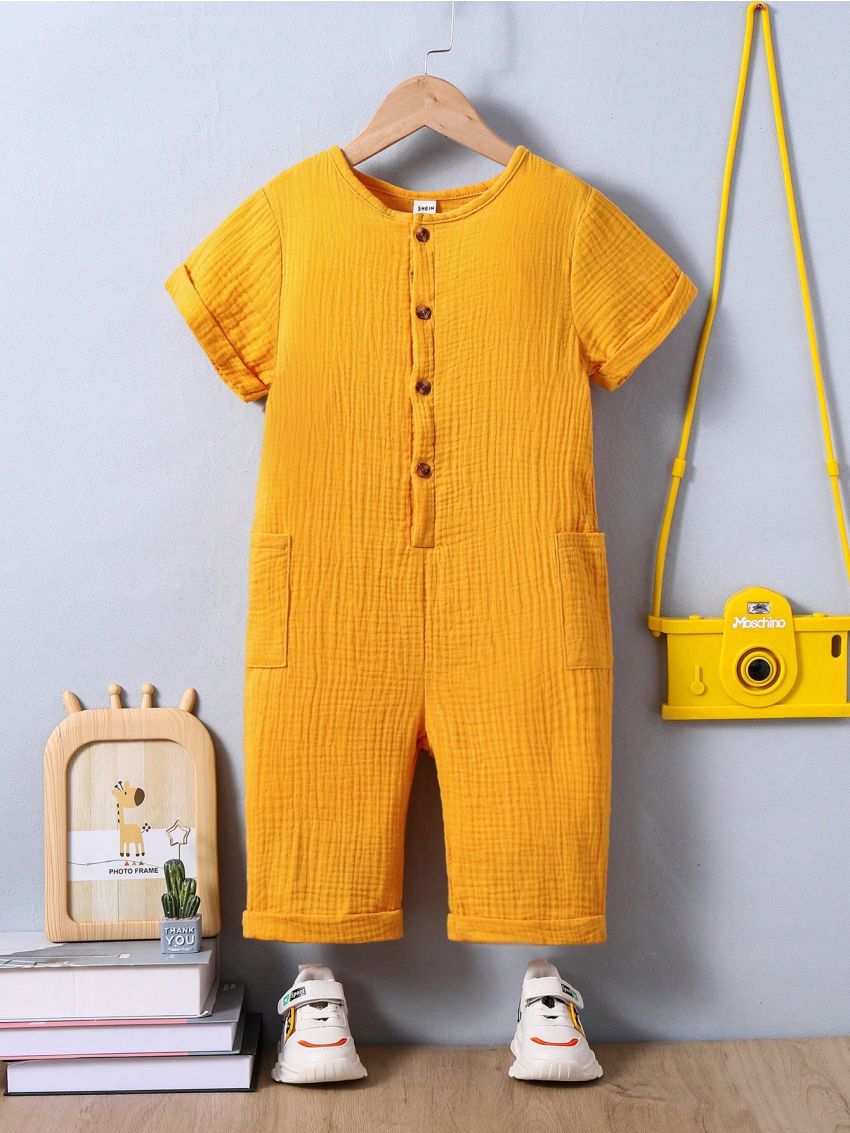 SHEIN Kids EVRYDAY 1pc Boys' Double Layered Crinkle Fabric Short-Sleeved Jumpsuit For Summer