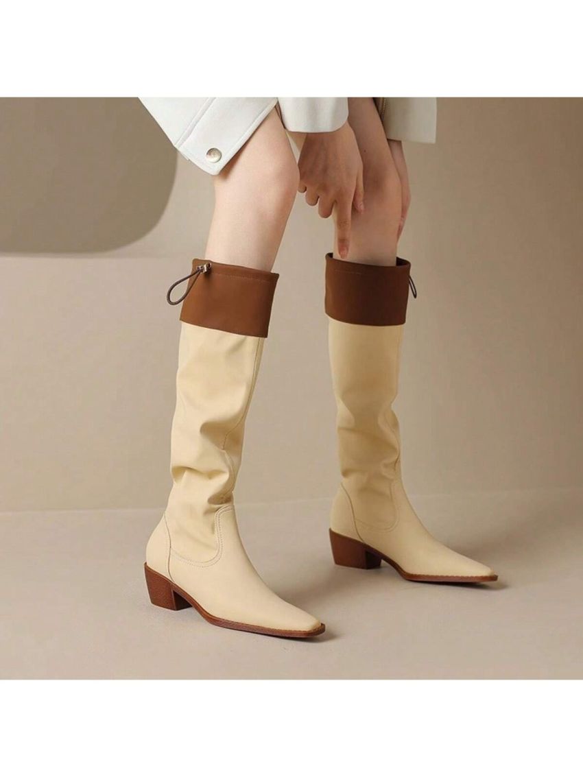 Women's Color Block Square Toe Chunky Heel Vintage Knee-high Boots, One Step Knight Boots, Simple And All-match Fashion Boots