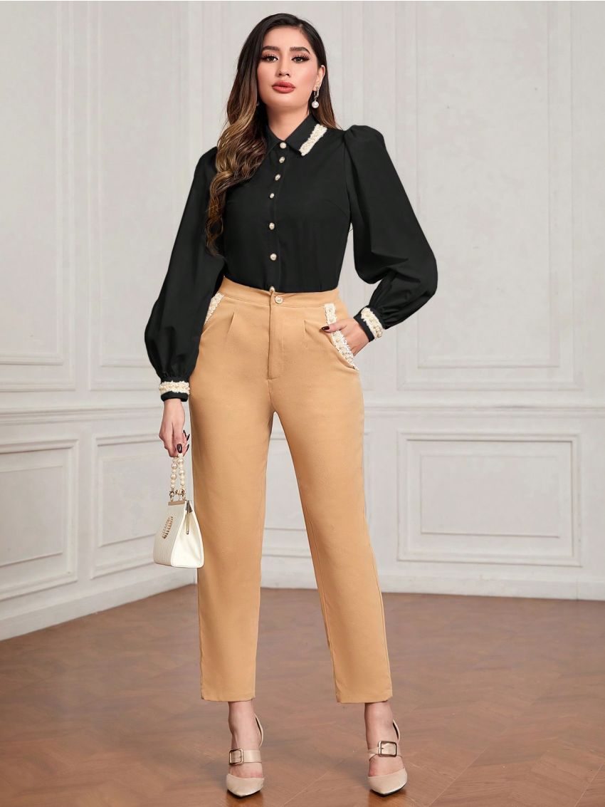 SHEIN Modely Pearls Detail Button Front Lantern Sleeve Shirt