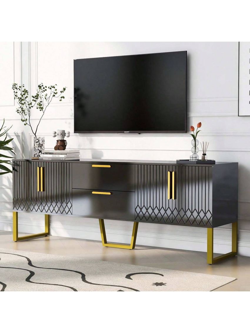 U-Can Modern TV Stand for TVs up to 75 Inches, Storage Cabinet with Drawers and Cabinets, Wood TV Console Table with Metal Legs and Handles for Living room, Black