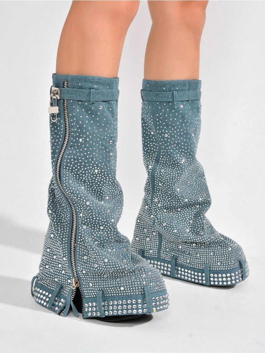 Kastel Denim Rhinestone Rainbow Platform Boots