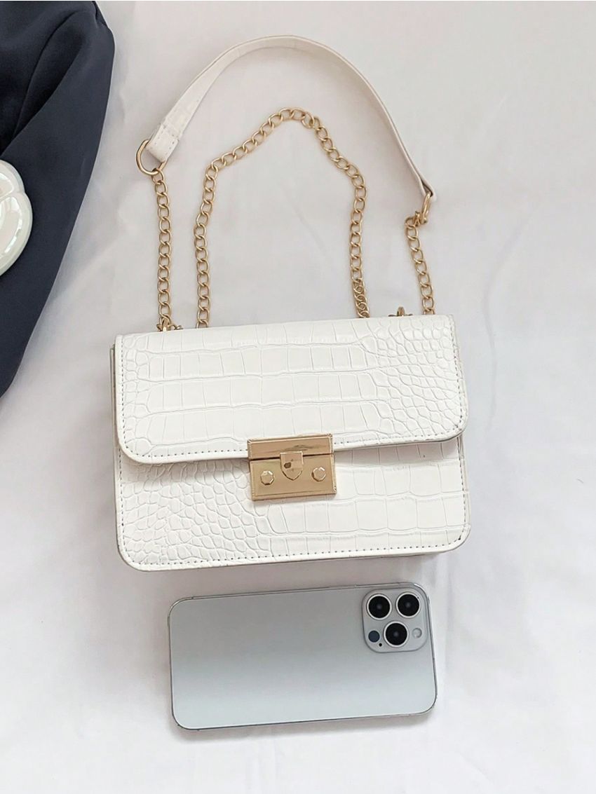 Versatile Lock Hasp Shoulder Bag For Women, PU Leather Crocodile Pattern Solid Color Leisure Crossbody Bags Small Square Tote, Vintage Chain Evening Square Handbag Satchel Purse With Detachable Long Strap, Simple Flap Crossbody Wallet