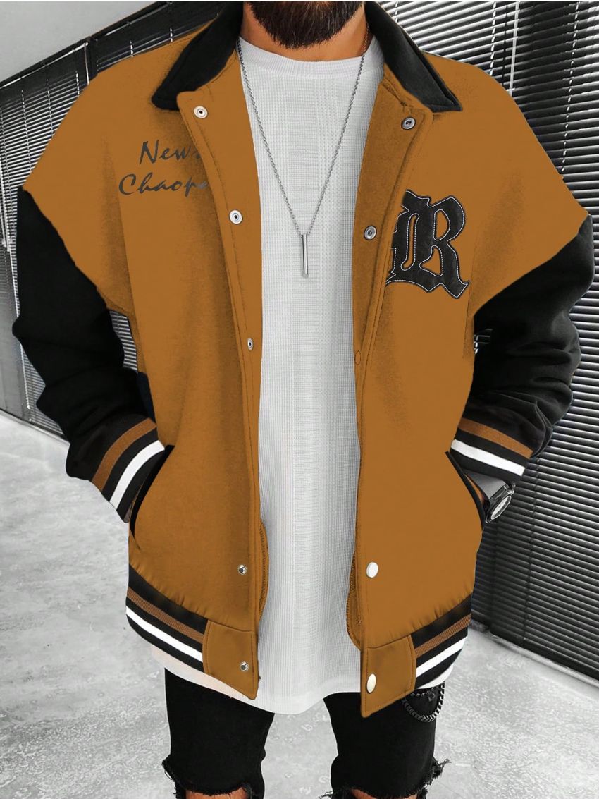 Manfinity Homme Men Letter Patched Striped Trim Drop Shoulder Varsity Jacket