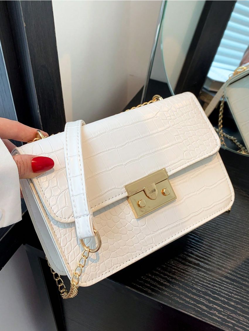 Versatile Lock Hasp Shoulder Bag For Women, PU Leather Crocodile Pattern Solid Color Leisure Crossbody Bags Small Square Tote, Vintage Chain Evening Square Handbag Satchel Purse With Detachable Long Strap, Simple Flap Crossbody Wallet