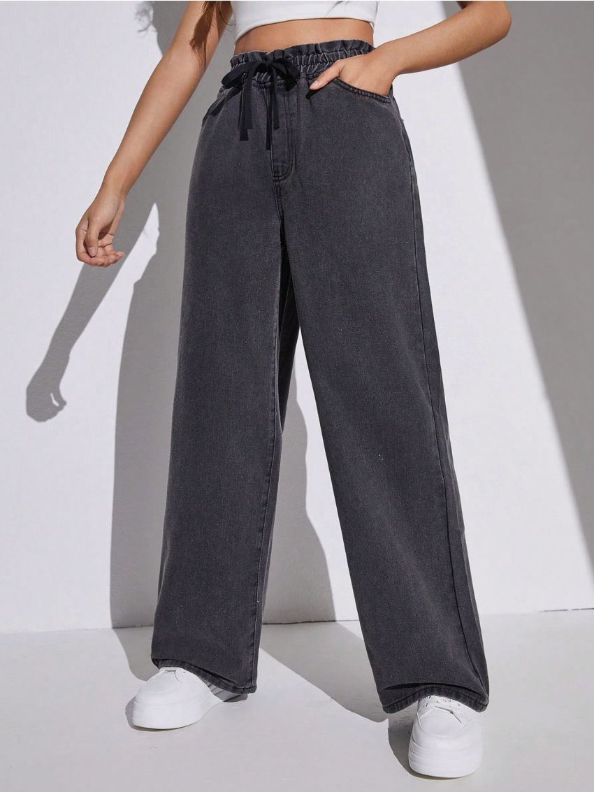 SHEIN Teen Girl Drawstring High Waist Slant Pocket Loose Fit Summer Jeans Wide Leg Denim Pants Grey Washed Baggy Jeans