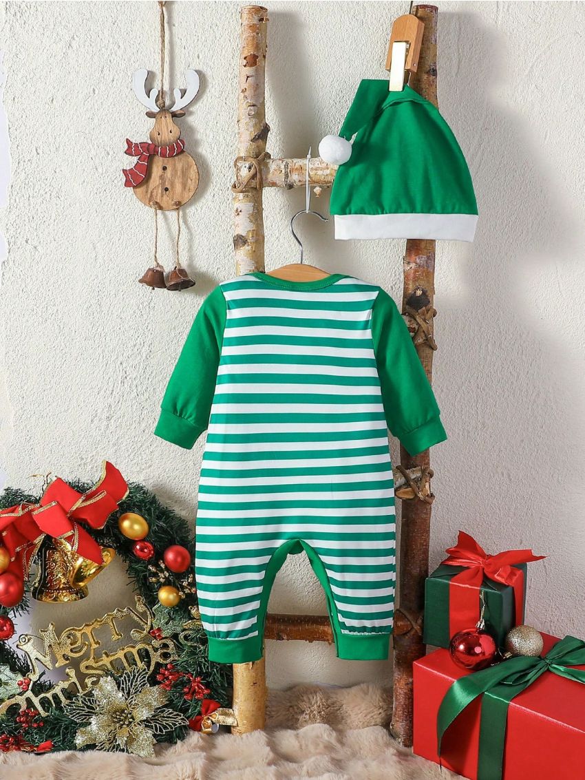 Baby Boy Striped & Cartoon Graphic Jumpsuit & Hat