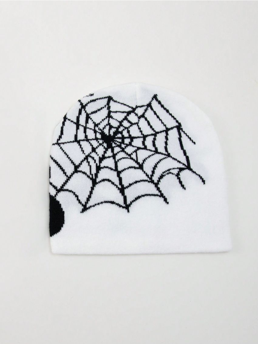 1pc Street Style Letter & Spider Web Pattern Jacquard Beanie With Brimless Design