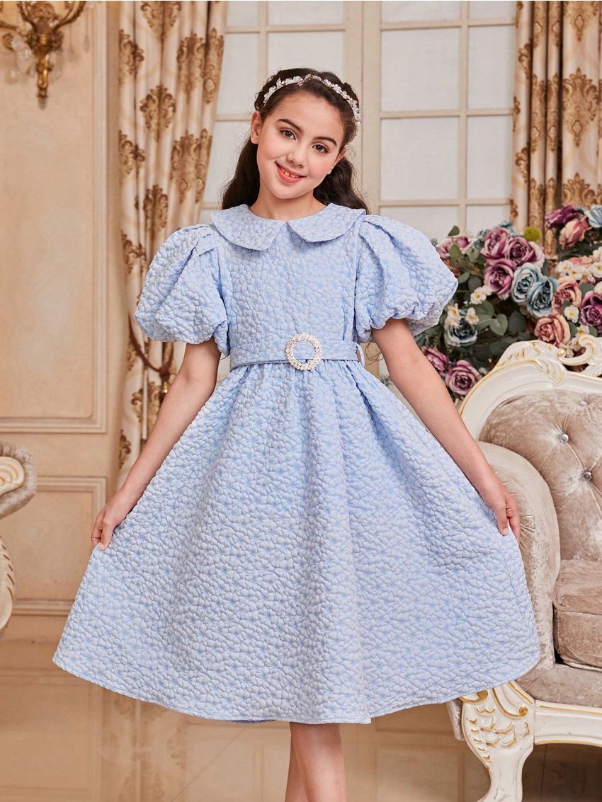 SHEIN Kids Nujoom Tween Girls' Slim Fit Cute Doll Collar Puff Sleeve Dress