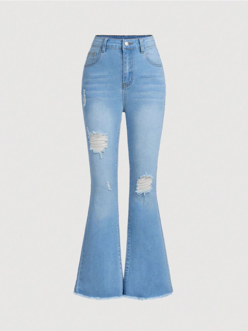 SHEIN Tween Girls' High Stretch Distressed Flared Jeans With Washed Finish