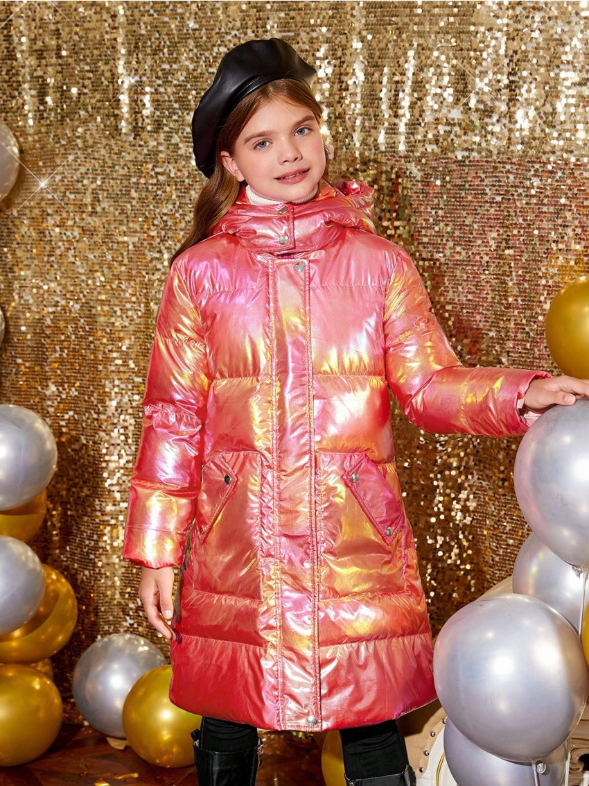 SHEIN Kids SPRTY Tween Girl Holographic Slant Pocket Hooded Puffer Coat