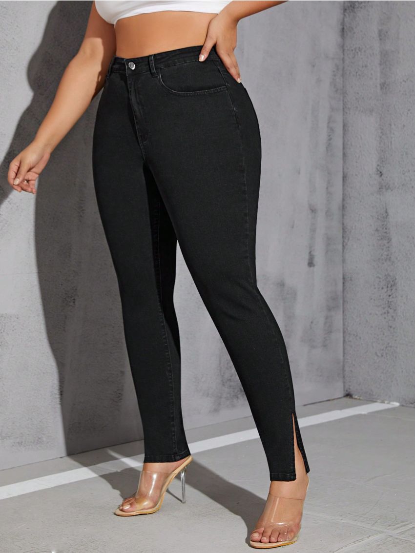 SHEIN SXY Plus Size High Waisted Skinny Jeans With Slit Hem