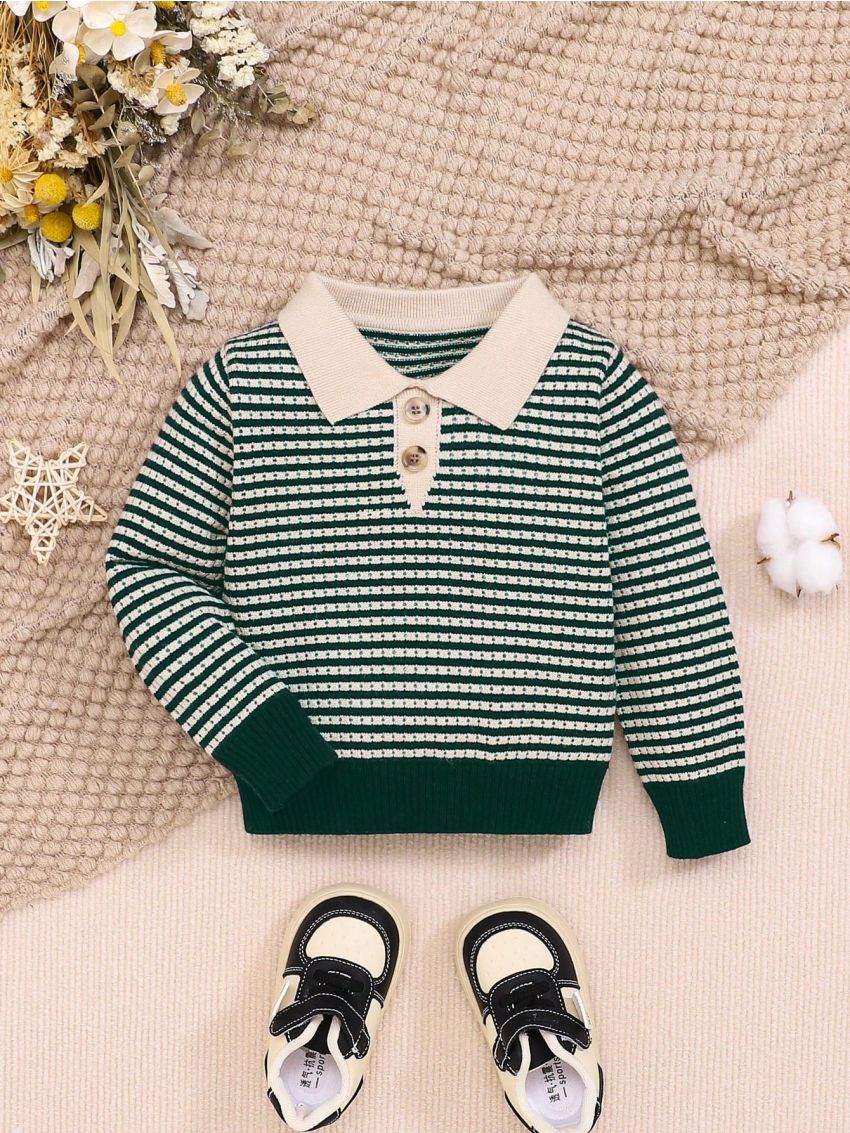 SHEIN Newborn Baby Boys' Casual Loose Fit Striped Sweater With Long Sleeves And Polo Collar