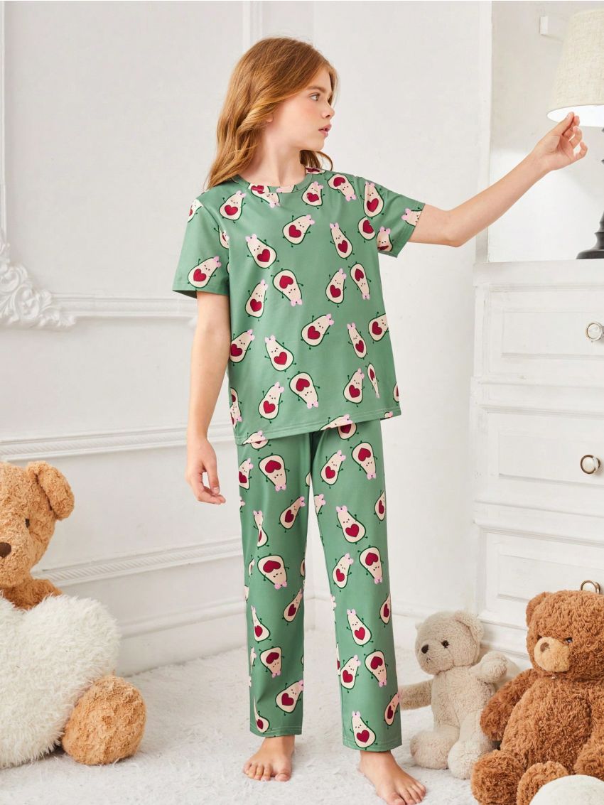 Tween Girls' Cute Avocado Print Short Sleeve Top + Long Pants Home Wear Set, Simple & Comfortable