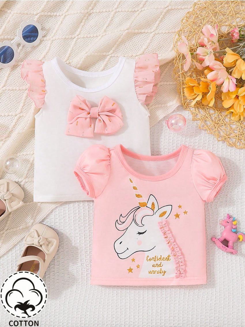 Baby Girls' Rainbow Horse Pattern Mesh Sleeve Top With 3d Mane Set, Spring/Summer