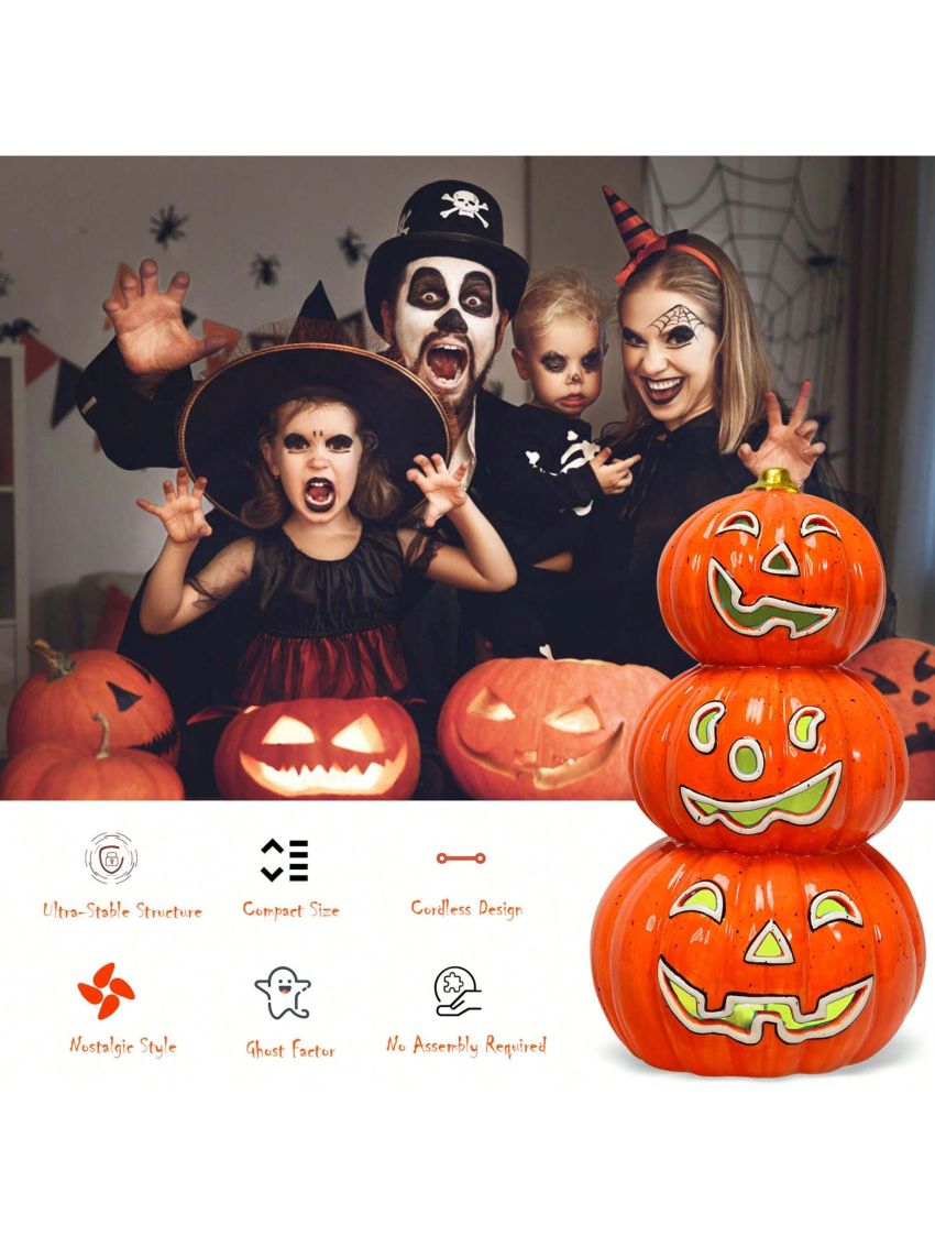 Costway Pre-Lit Halloween Pumpkin Lantern 3 Tiers Hand-Painted Ceramic Pumpkins