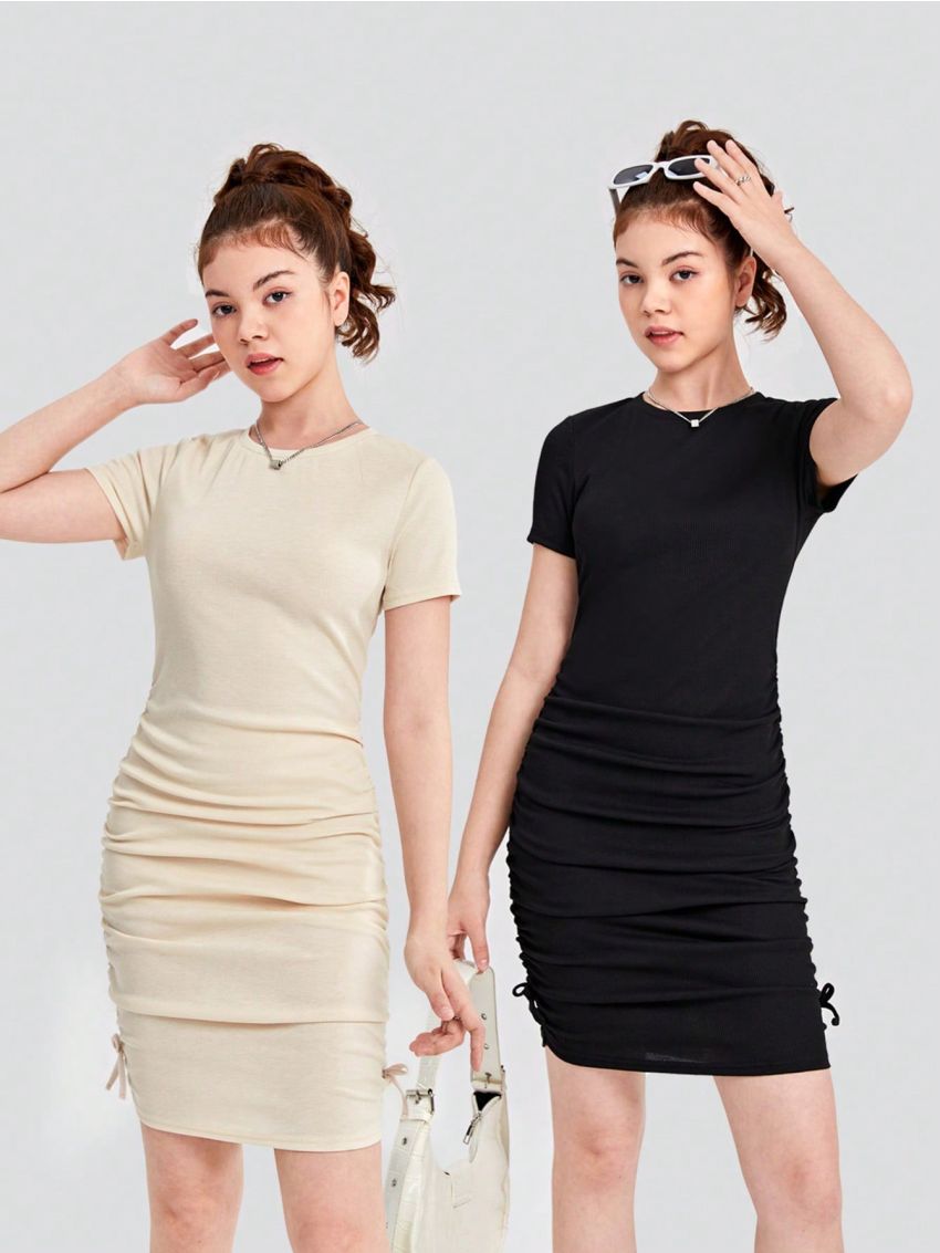 SHEIN Teen Girls' Slim Fit Knit Ribbed Ruched Dress With Round Neckline