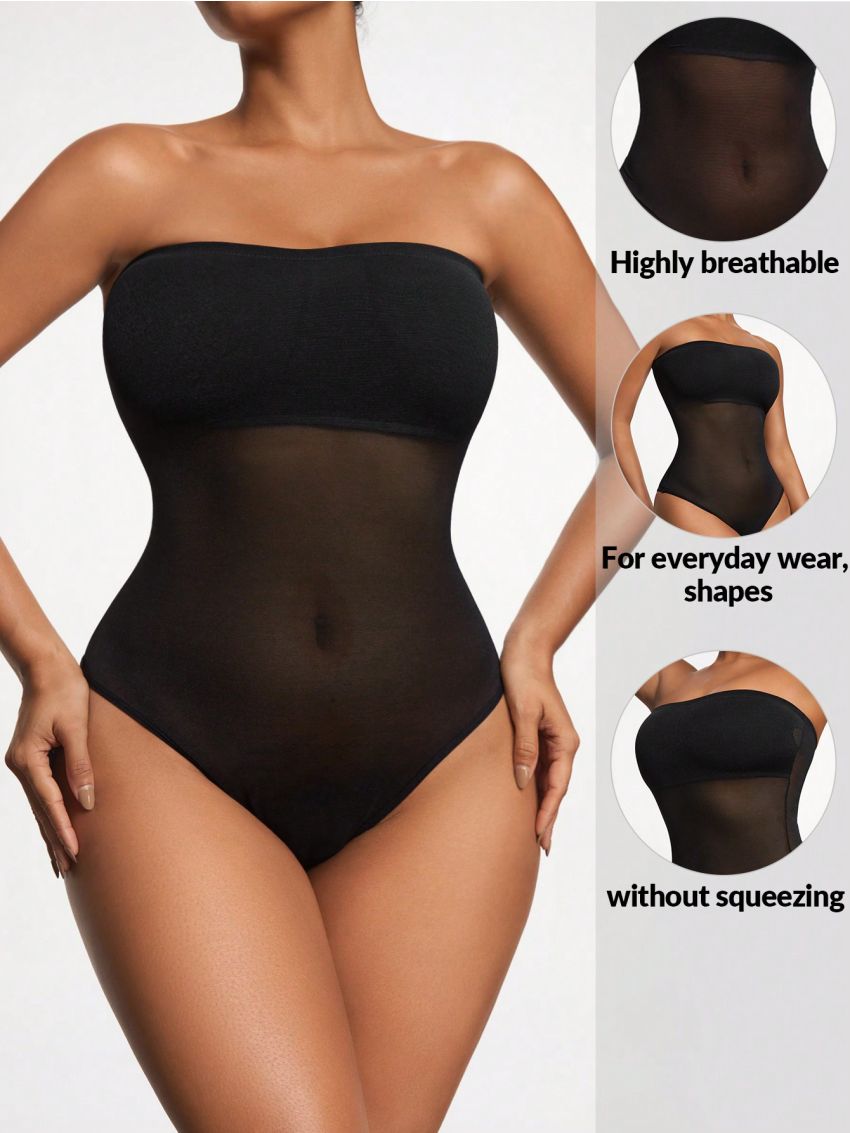 SHEIN SHAPE Women'S Solid Color Strapless Mesh Bodycon Jumpsuit