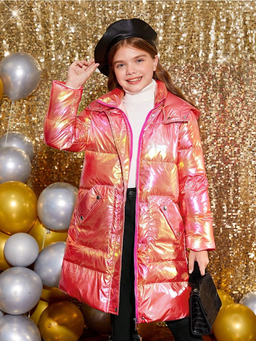 SHEIN Kids SPRTY Tween Girl Holographic Slant Pocket Hooded Puffer Coat