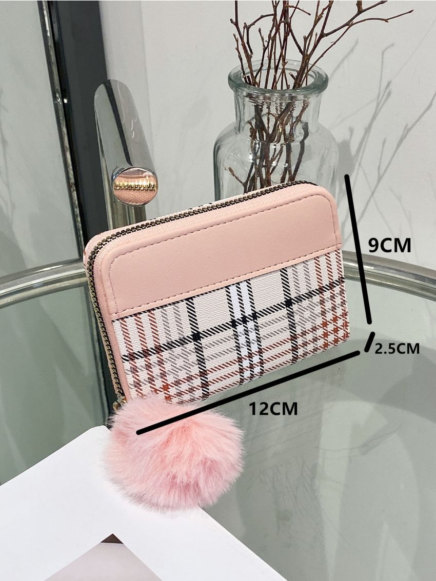 Pom Pom Decor Plaid Pattern Coin Purse