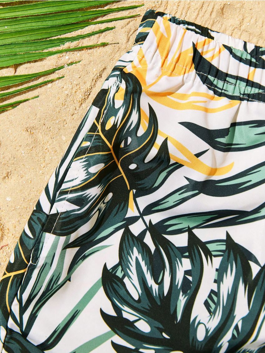 SHEIN Boys' Swim Trunks With Leaf Print Pattern