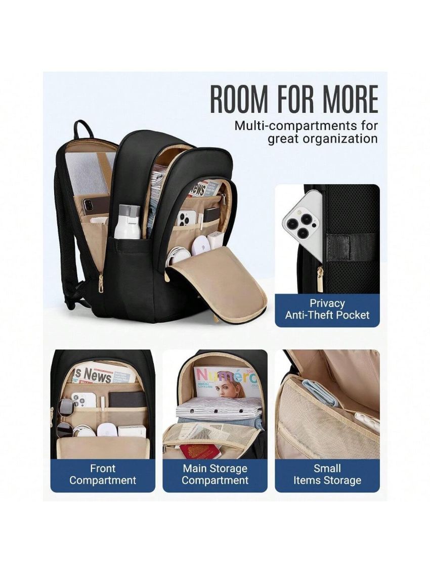 Travel Laptop Backpack for Women, 15.6 Inch Anti Theft Laptop Backpack with USB Charging Hole, Water Resistant College Bookbag, Large Capacity Black Computer Backpacks for Work, Black