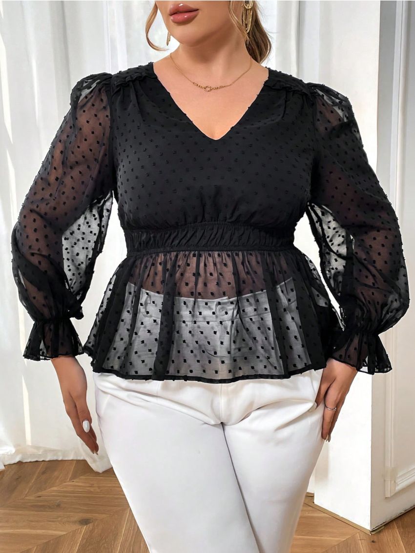 SHEIN Privé Plus Size Women'S Polka Dot Mesh Blouse
