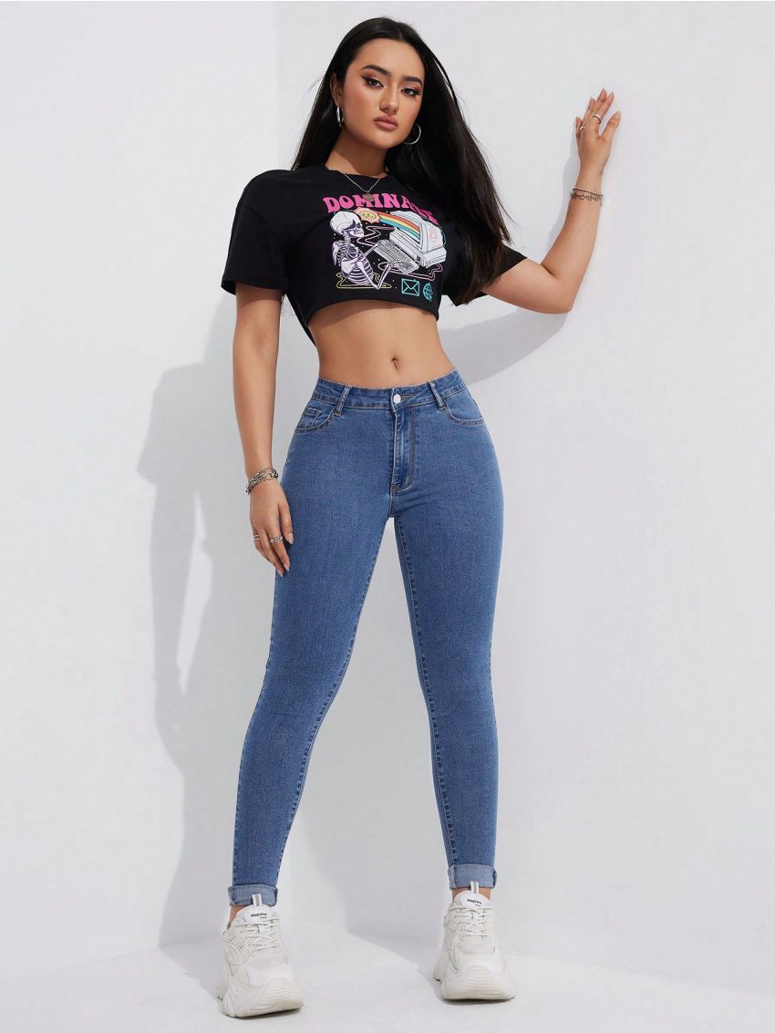 Solid Color Skinny Jeans With Slanted Pockets