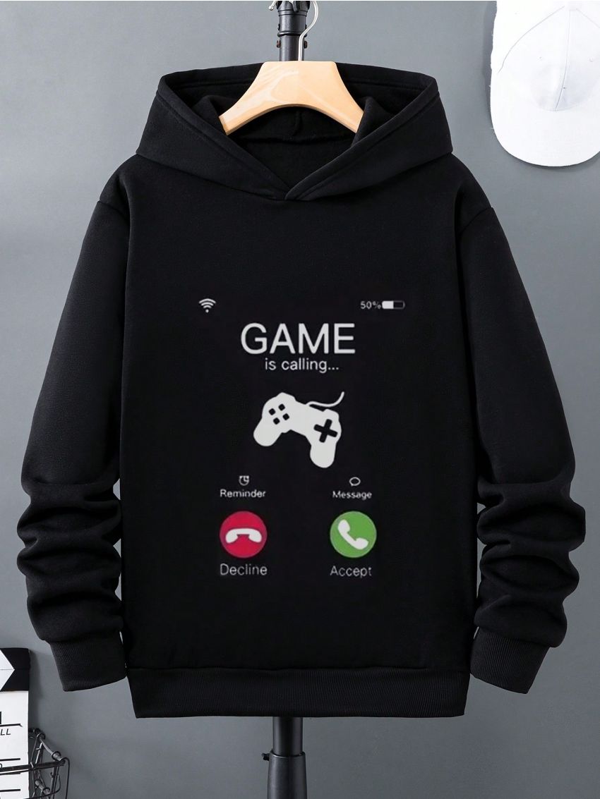 Boys' Gaming Controller & Letter Print Hooded Fleece Sweatshirt, Winter