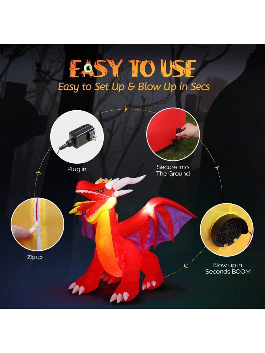 Halloween Inflatables Large 6 ft Fire Dragon with 3pcs LED String Lights Inflatable Halloween Decoration , Halloween Decorations for Yard, Lawn