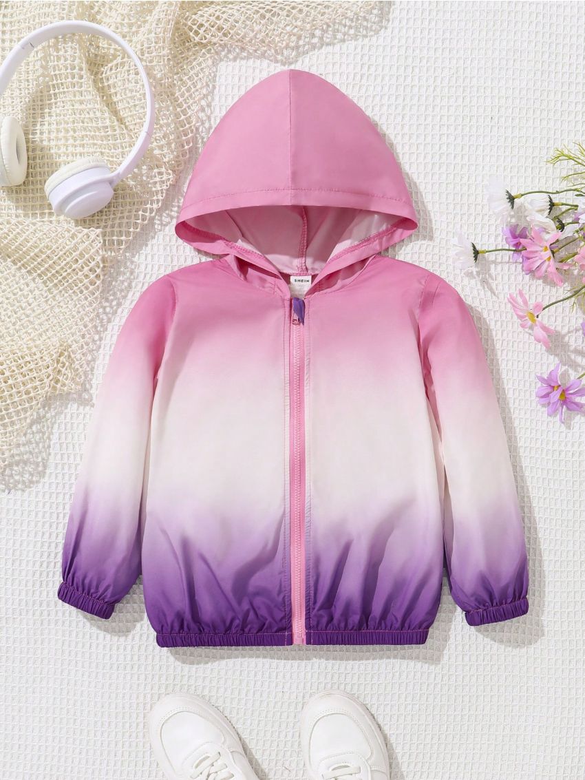 SHEIN Kids SUNSHNE Toddler Girls' Gradient Color Sun Protection Hooded Zip Up Jacket For Summer, Light Thin Cardigan