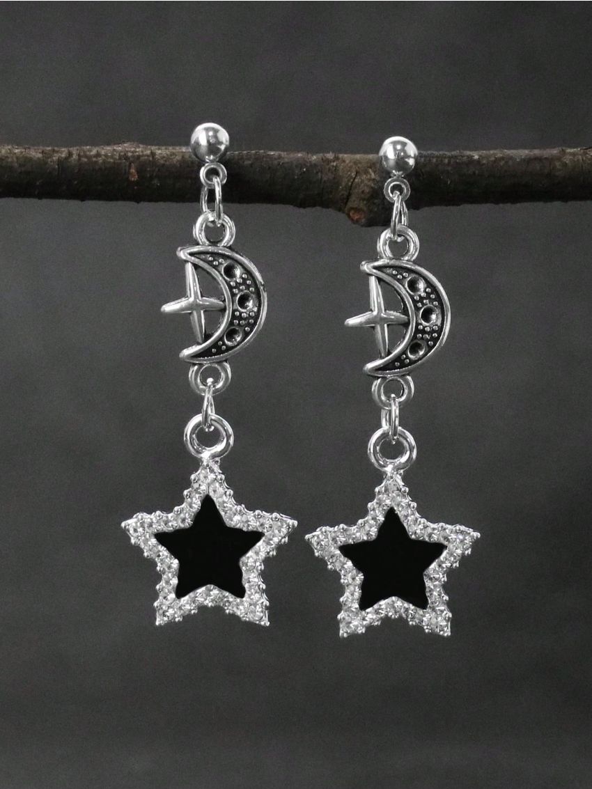 Goth 1 pair European And American Gothic Style Black Dripping Oil Rhinestone Star Pendant Earrings