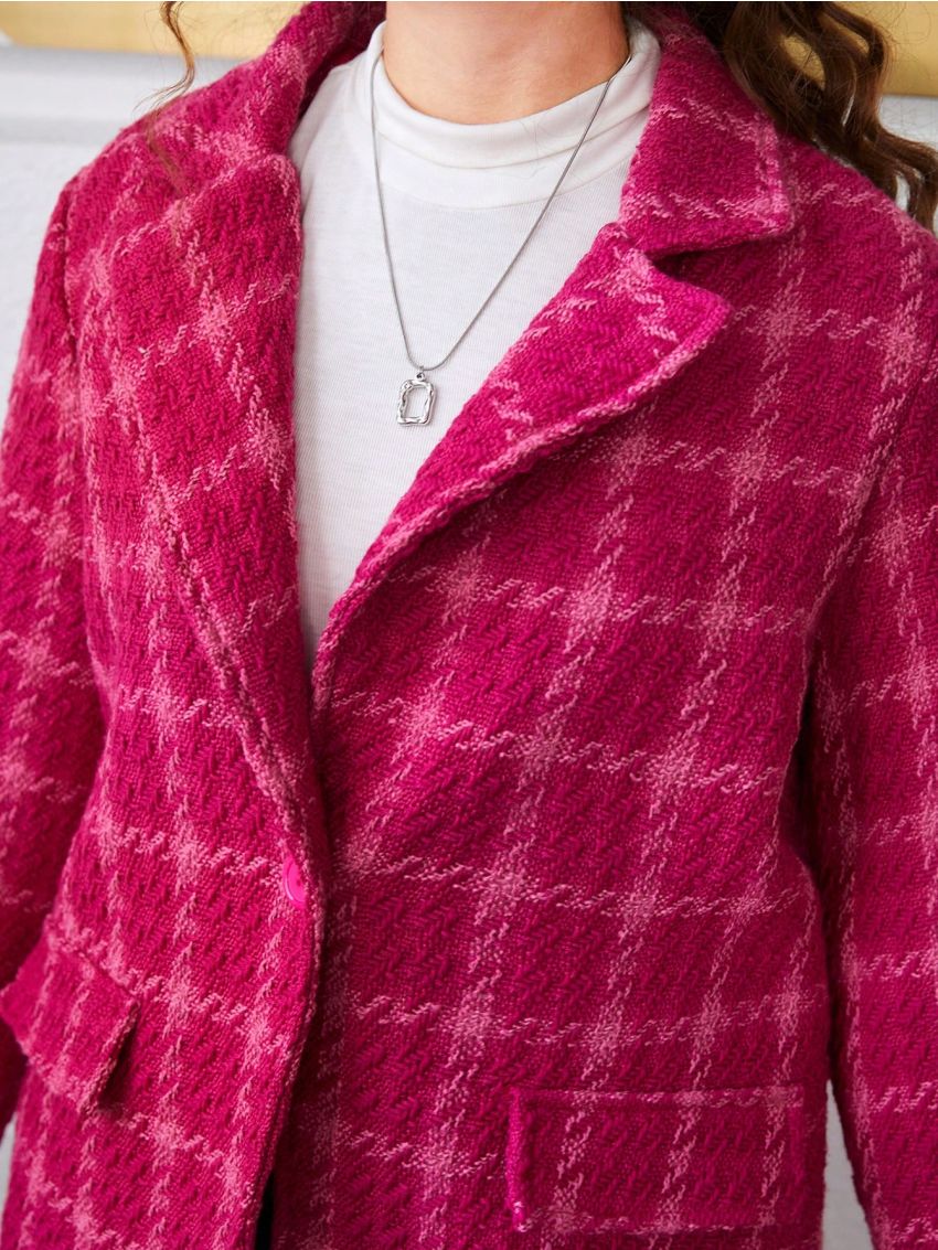 Teen Girl Plaid Print Lapel Neck Overcoat