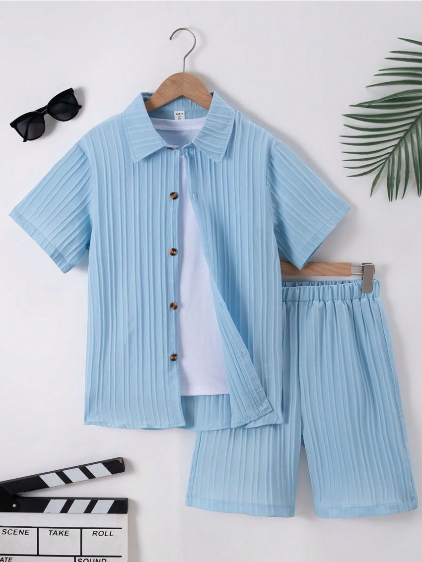 Button Front Texture Fabric Shirt & Short