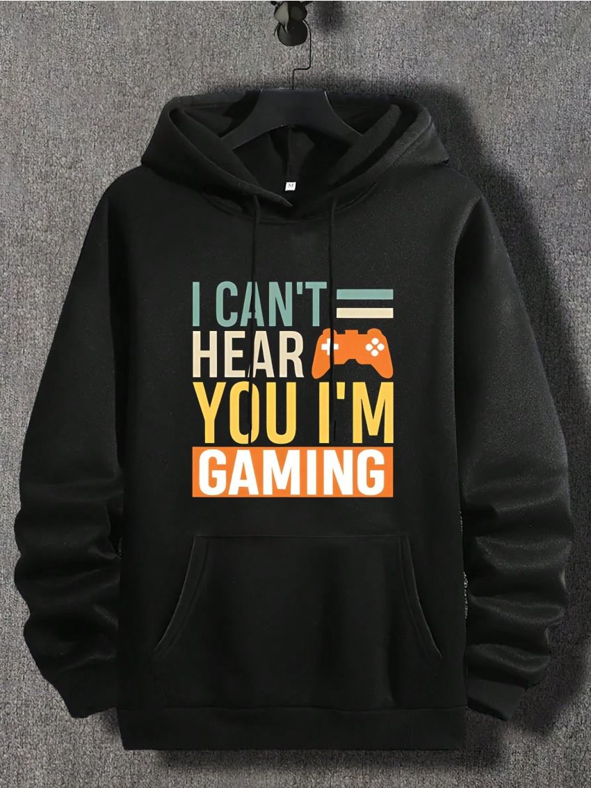 Men'S Plus Size Hoodie With Slogan Print And Drawstring
