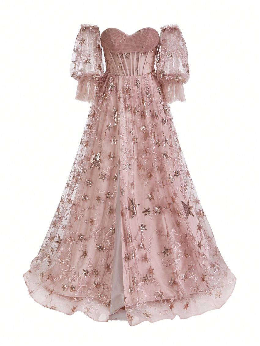 SHEIN Belle Women'S Off Shoulder Embroidery Star & Sequin Decor Maxi Evening Dress With High Slit