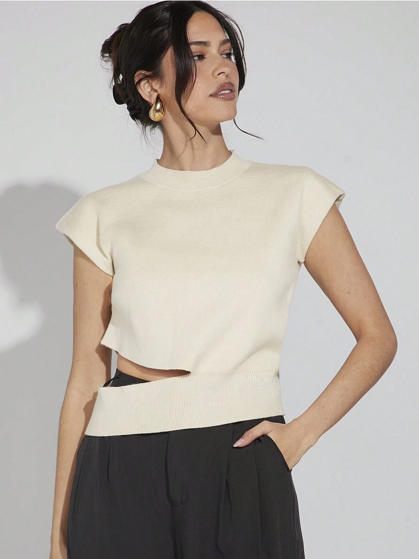 Luxe Women's Padded Shoulder & Hollow Out Knit Top